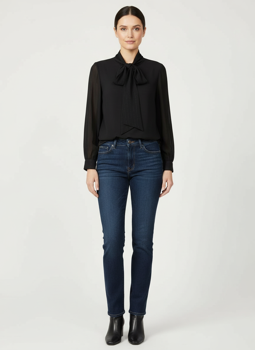 Black Sweatshirt with Chiffon Lurex Stripe Sleeves and Bow