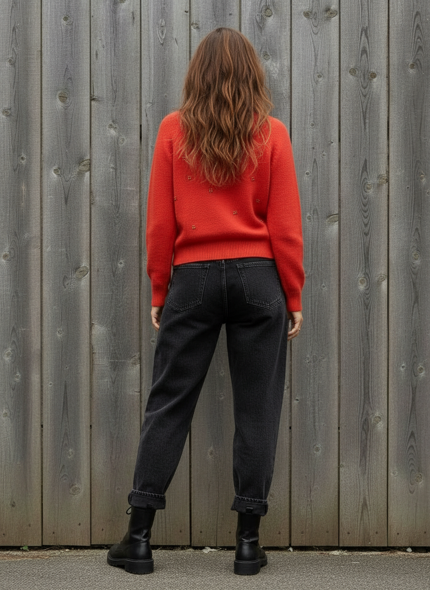 Red Sweater with Brown Flower Beads
