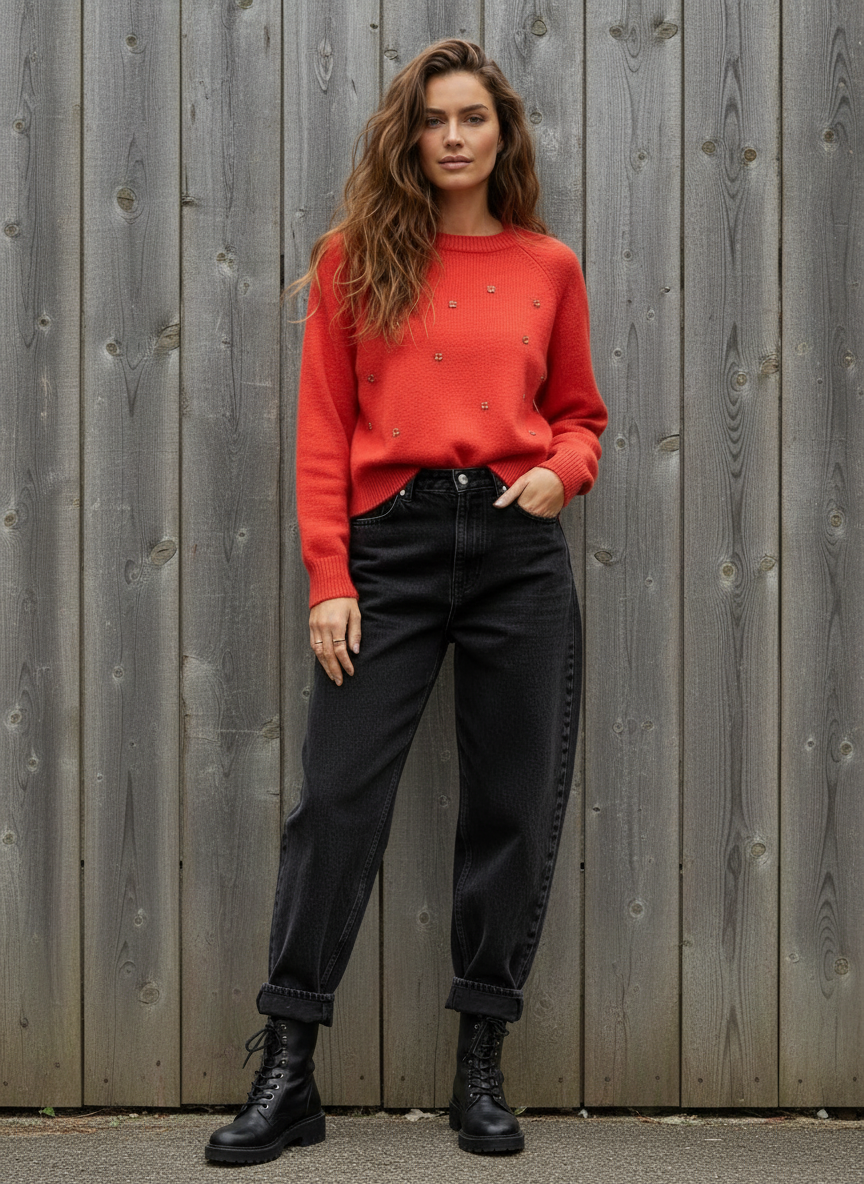 Red Sweater with Brown Flower Beads