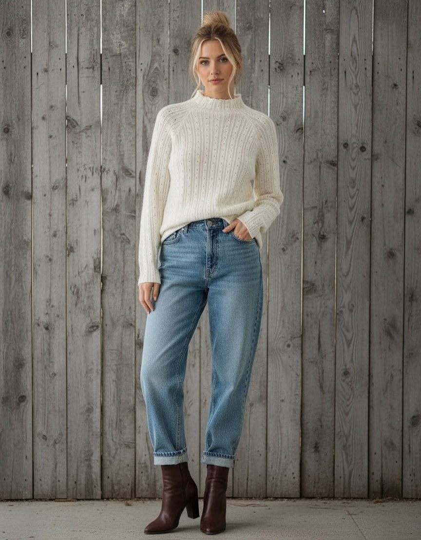 White Knitted Stripe Sweater