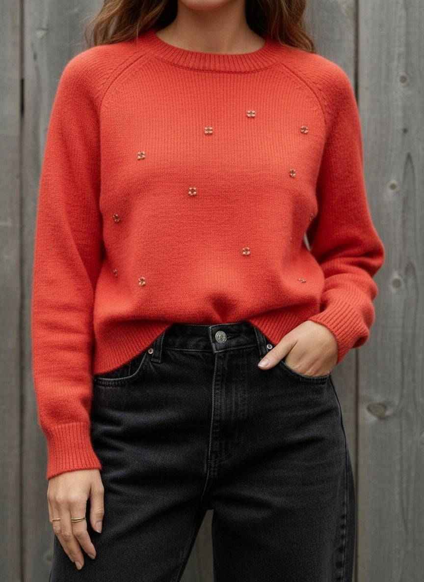 Red Sweater with Brown Flower Beads
