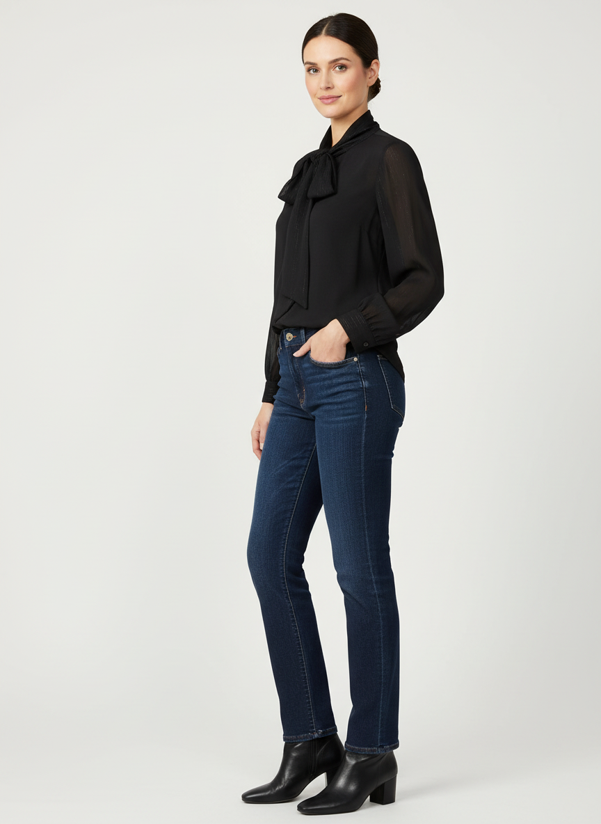 Black Sweatshirt with Chiffon Lurex Stripe Sleeves and Bow