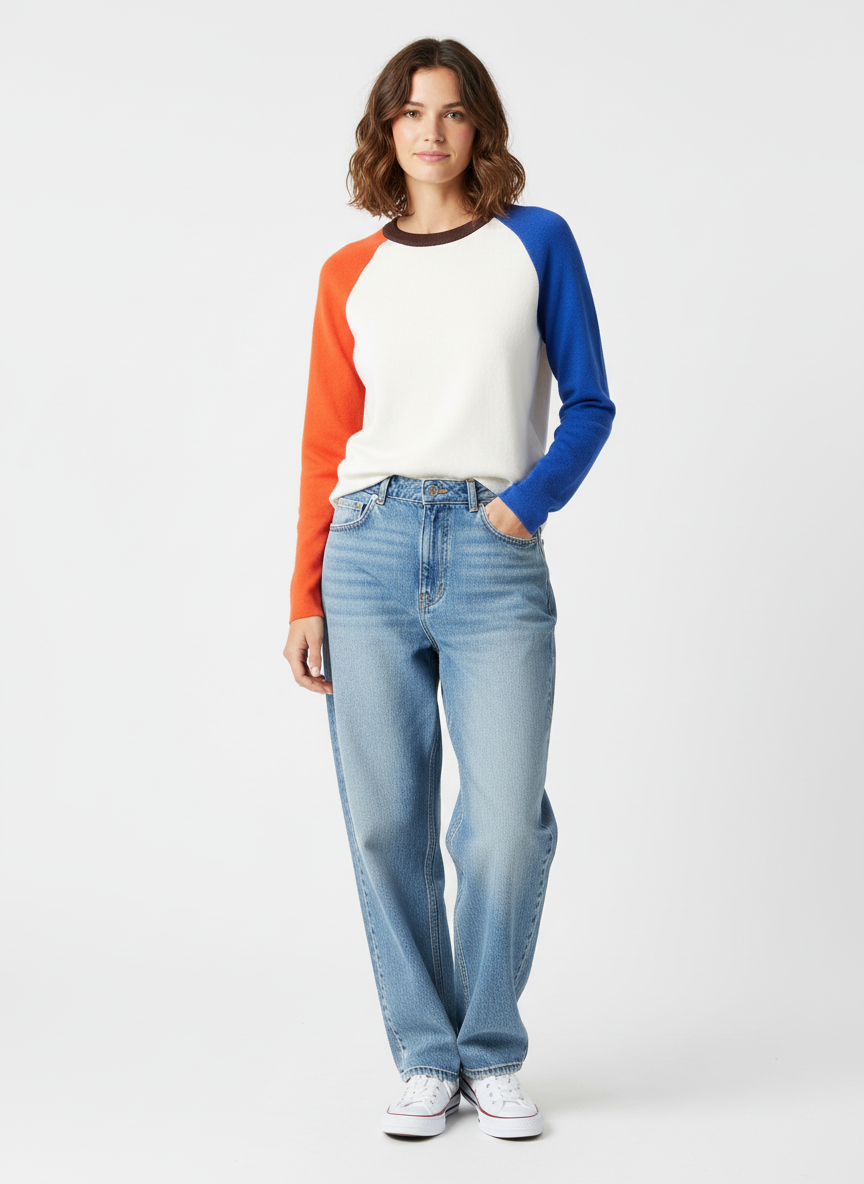 Burnt Orange & Blue & Cream Sweater Knit Baseball Tee