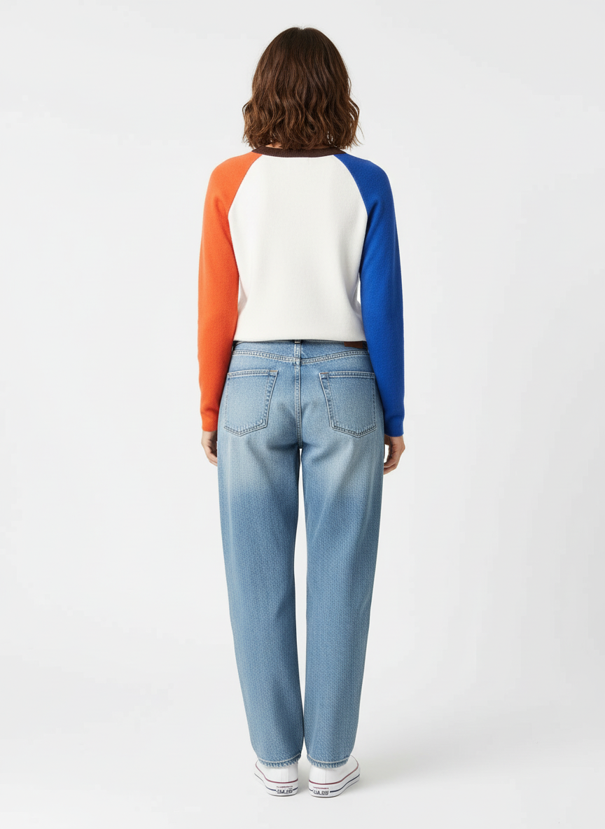 Burnt Orange & Blue & Cream Sweater Knit Baseball Tee