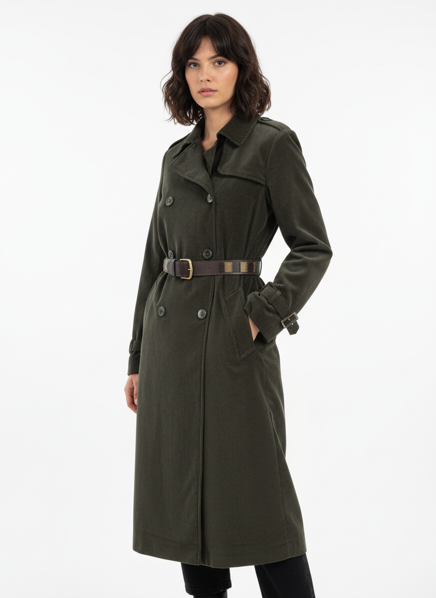 Corduroy Dark Green Trench Coat w/ Beaded Belt