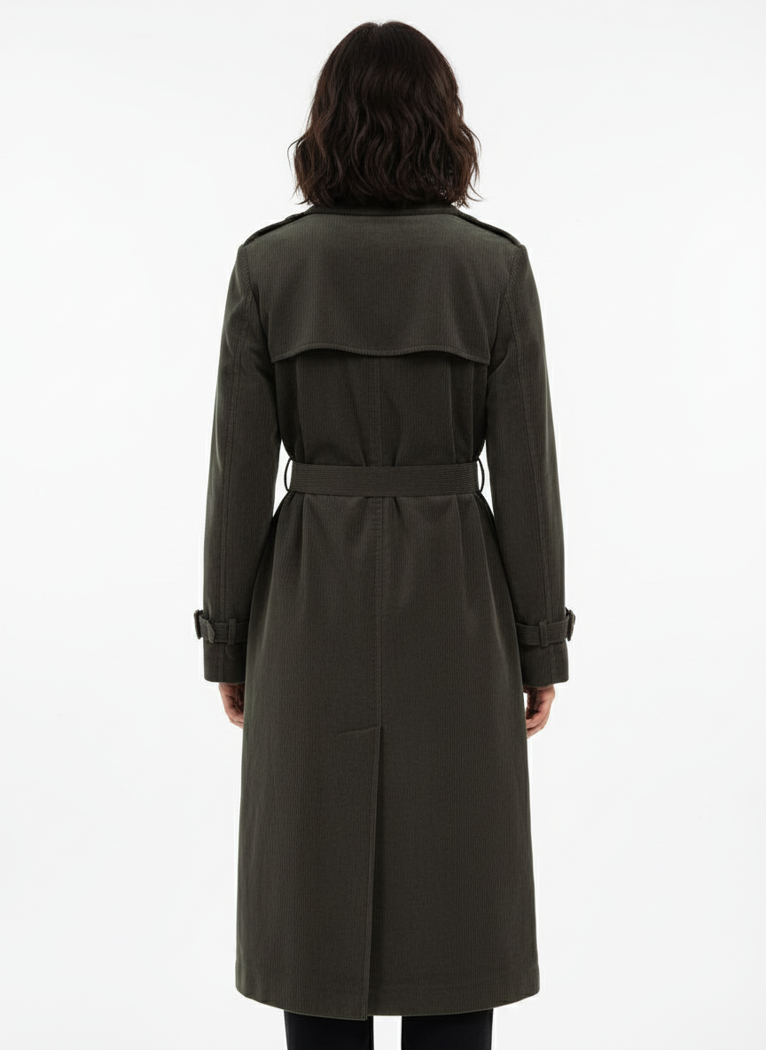 Corduroy Dark Green Trench Coat w/ Beaded Belt