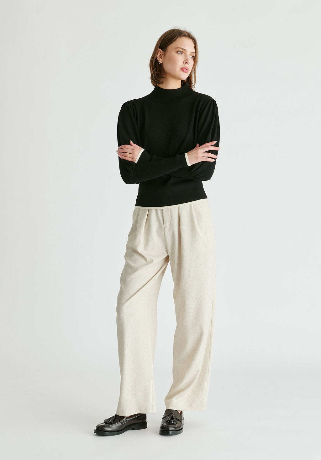 Black Sweater W/ Cream Contrast Hem