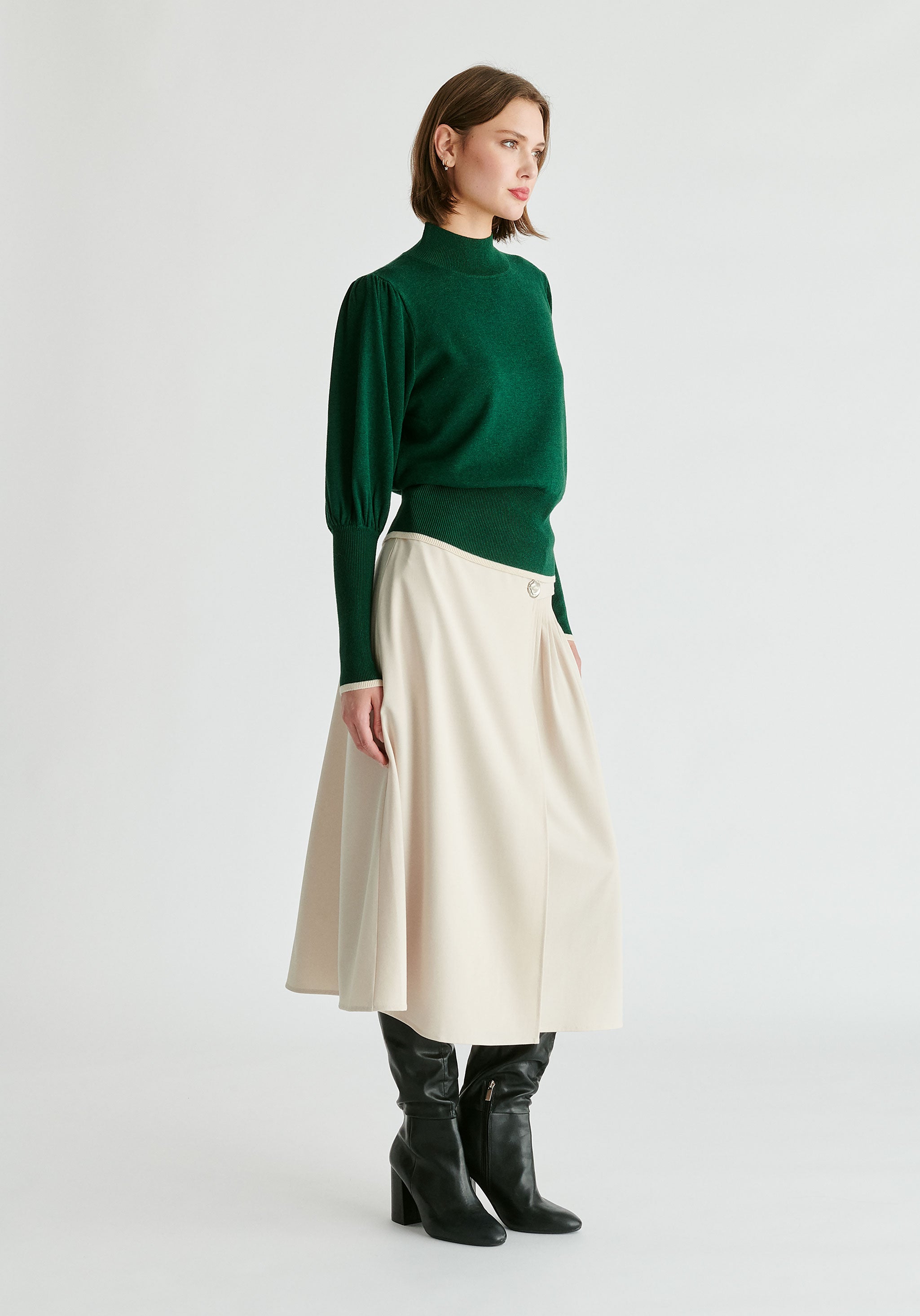 Dark Green Sweater W/ Cream Contrast Hem