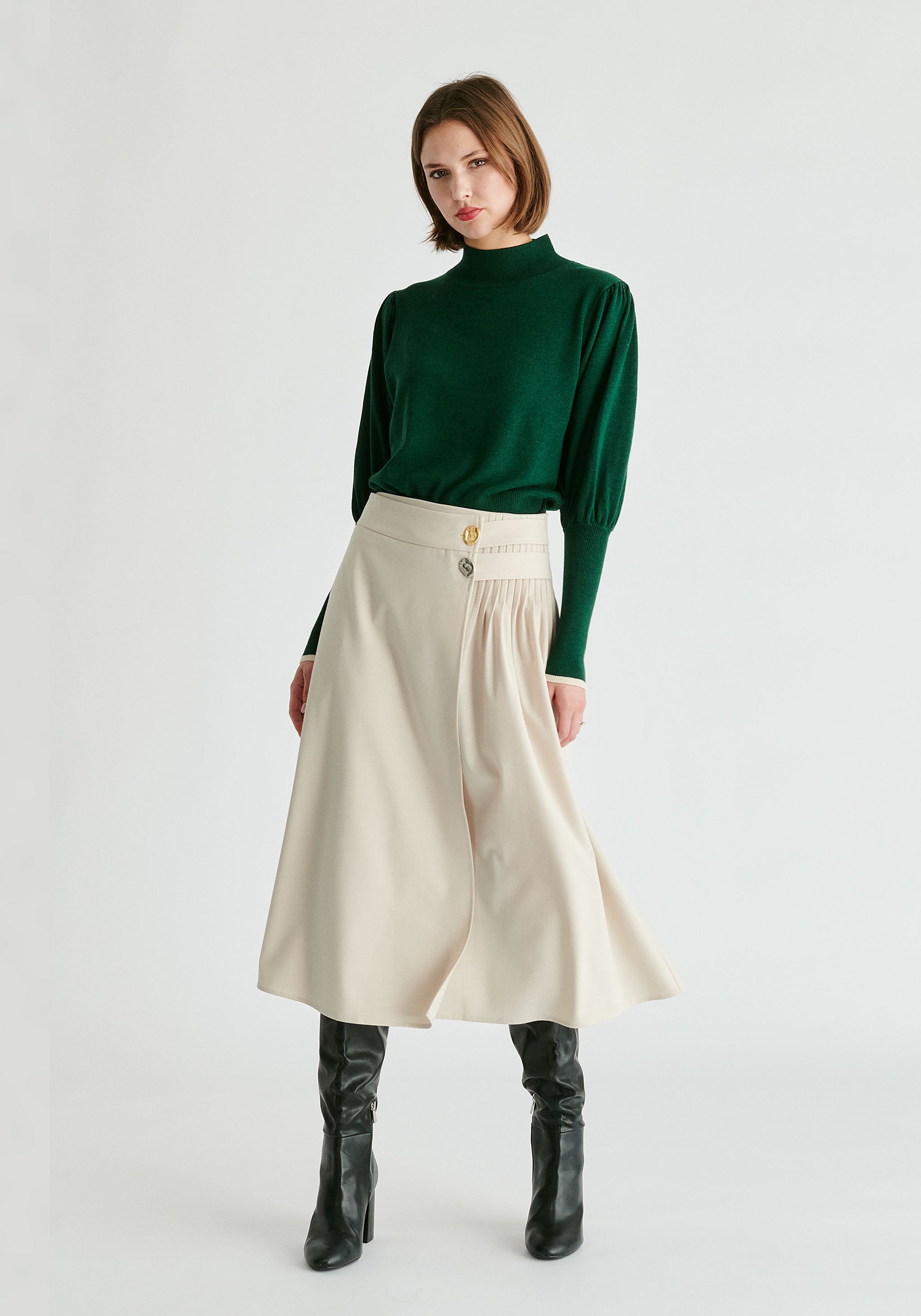 Dark Green Sweater W/ Cream Contrast Hem