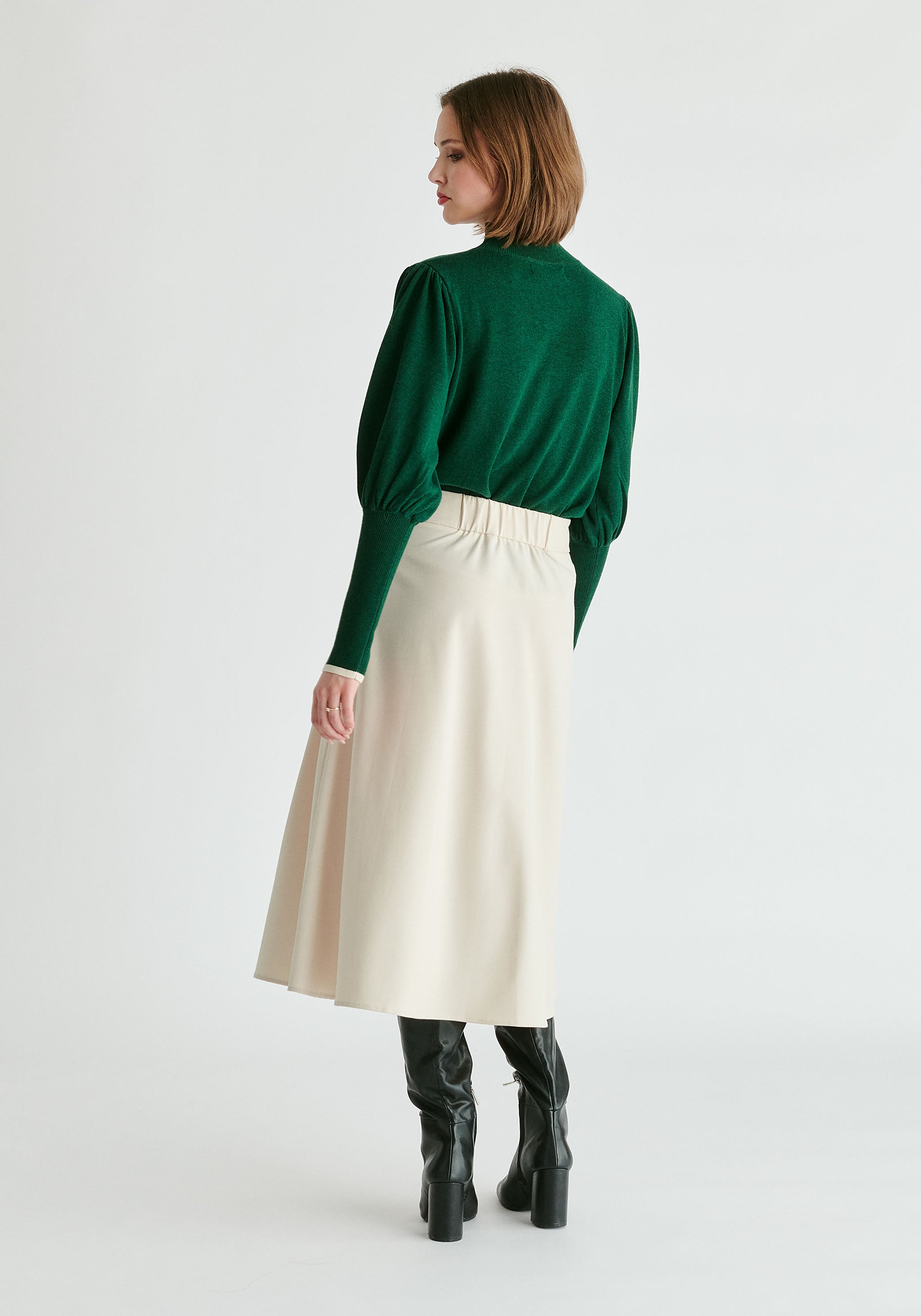 Dark Green Sweater W/ Cream Contrast Hem