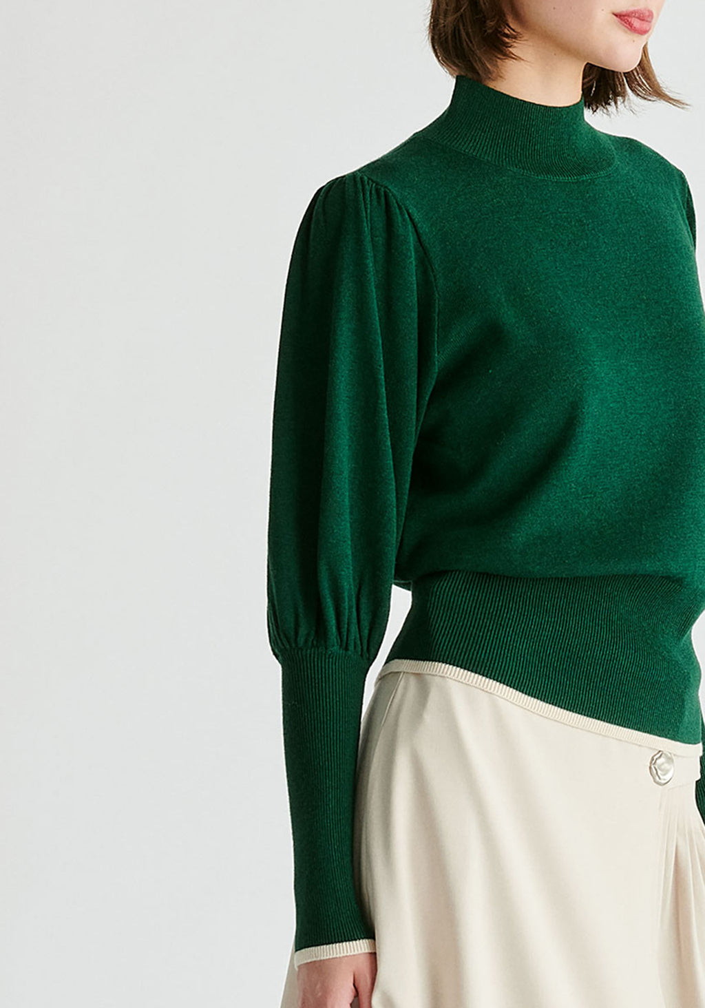 Dark Green Sweater W/ Cream Contrast Hem