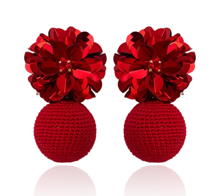 PINAR RED FLORAL POM EARRINGS