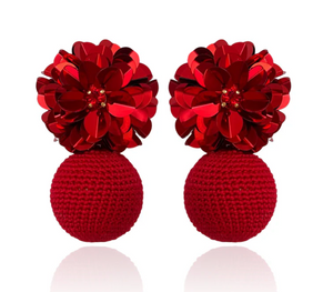 PINAR RED FLORAL POM EARRINGS
