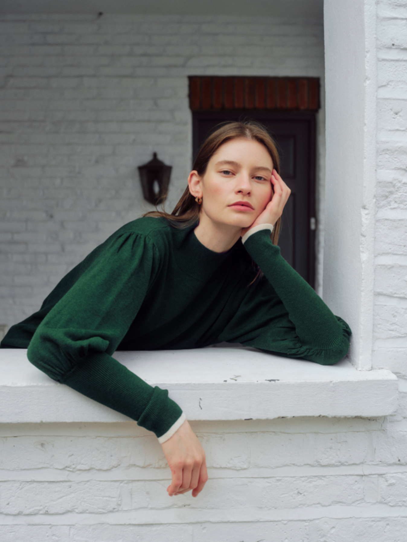 Dark Green Sweater W/ Cream Contrast Hem