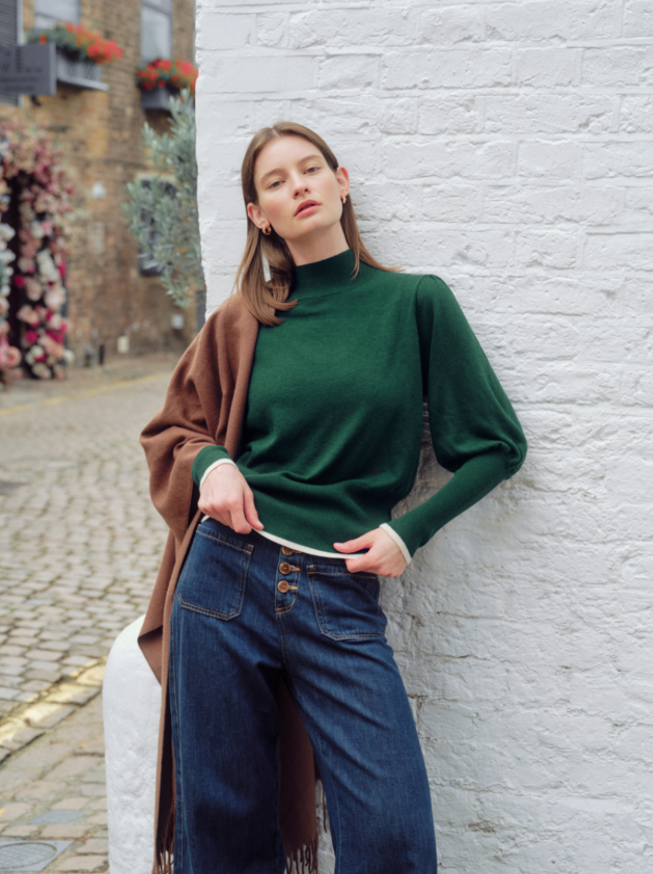 Dark Green Sweater W/ Cream Contrast Hem