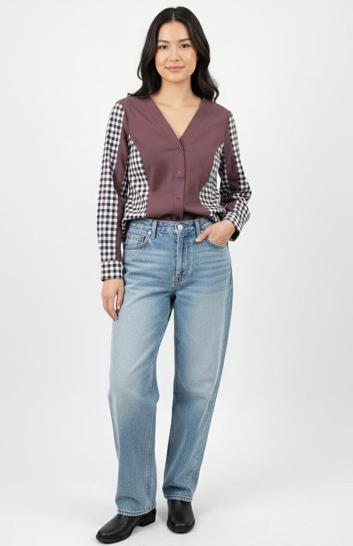 Brown & Navy Plaid Blouse